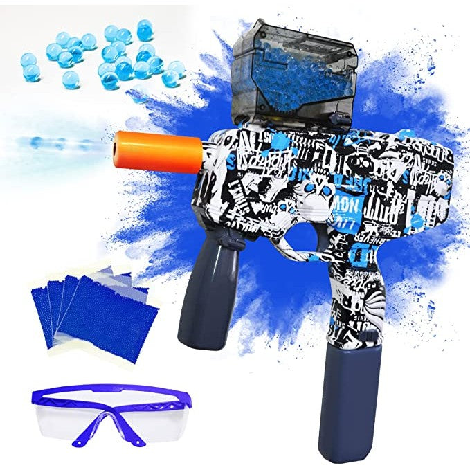Mitraliera de Jucarie Electrica MP9, Pistol Blaster cu Bile de Gel si Hidrogen, Tragere Automata in Rafala, Plastic Rezistent, Raza 15m, Include 5000 Bile si Ochelari Protectie, 40 cm, Albastru