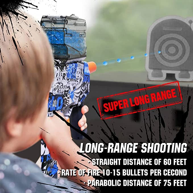 Mitraliera de Jucarie Electrica MP9, Pistol Blaster cu Bile de Gel si Hidrogen, Tragere Automata in Rafala, Plastic Rezistent, Raza 15m, Include 5000 Bile si Ochelari Protectie, 40 cm, Albastru