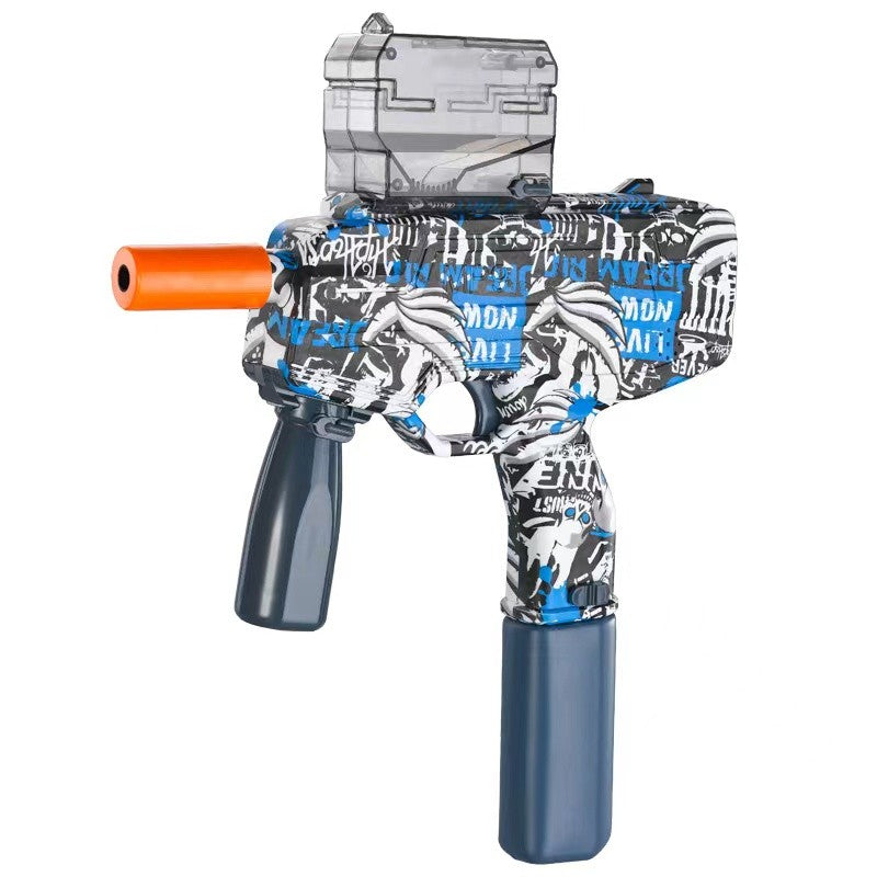 Mitraliera de Jucarie Electrica MP9, Pistol Blaster cu Bile de Gel si Hidrogen, Tragere Automata in Rafala, Plastic Rezistent, Raza 15m, Include 5000 Bile si Ochelari Protectie, 40 cm, Albastru