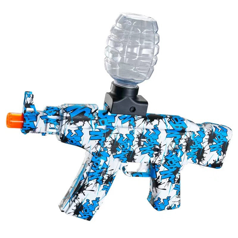 Mitraliera de Jucarie Electrica AK47 cu Bile de Gel si Sageti cu Ventuze, Blaster cu Tragere in Rafala, Amortizor si Ochelari Protectie, Include 5000 Bile, Plastic, 28x31 cm, Albastru