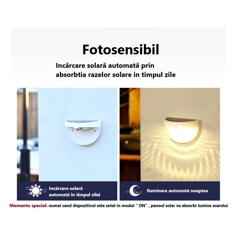 Set 2 Lămpi Solare de Perete, 6 LED-uri, Senzor de Lumină, Protecție IP65, Plastic ABS, Alb, Lumină Alb Cald 3500K