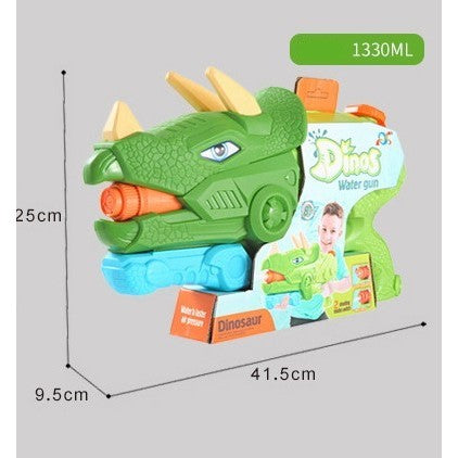 Pistol cu Apa pentru Copii si Adulti, Model Dinozaur Triceratops, 3 Duze de Pulverizare si Pompa de Presiune, pentru Piscina sau Plaja, Rezervor 1330 ml, Verde, Varsta 6 ani+