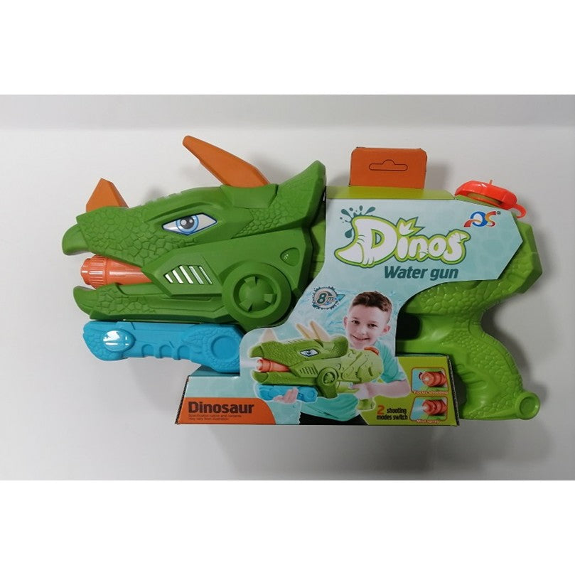 Pistol cu Apa pentru Copii si Adulti, Model Dinozaur Triceratops, 3 Duze de Pulverizare si Pompa de Presiune, pentru Piscina sau Plaja, Rezervor 1330 ml, Verde, Varsta 6 ani+