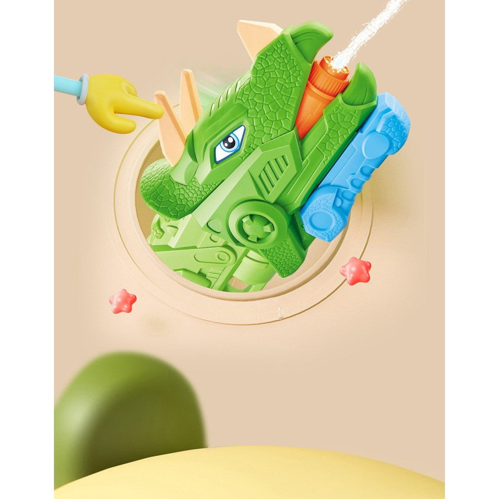Pistol cu Apa pentru Copii si Adulti, Model Dinozaur Triceratops, 3 Duze de Pulverizare si Pompa de Presiune, pentru Piscina sau Plaja, Rezervor 1330 ml, Verde, Varsta 6 ani+