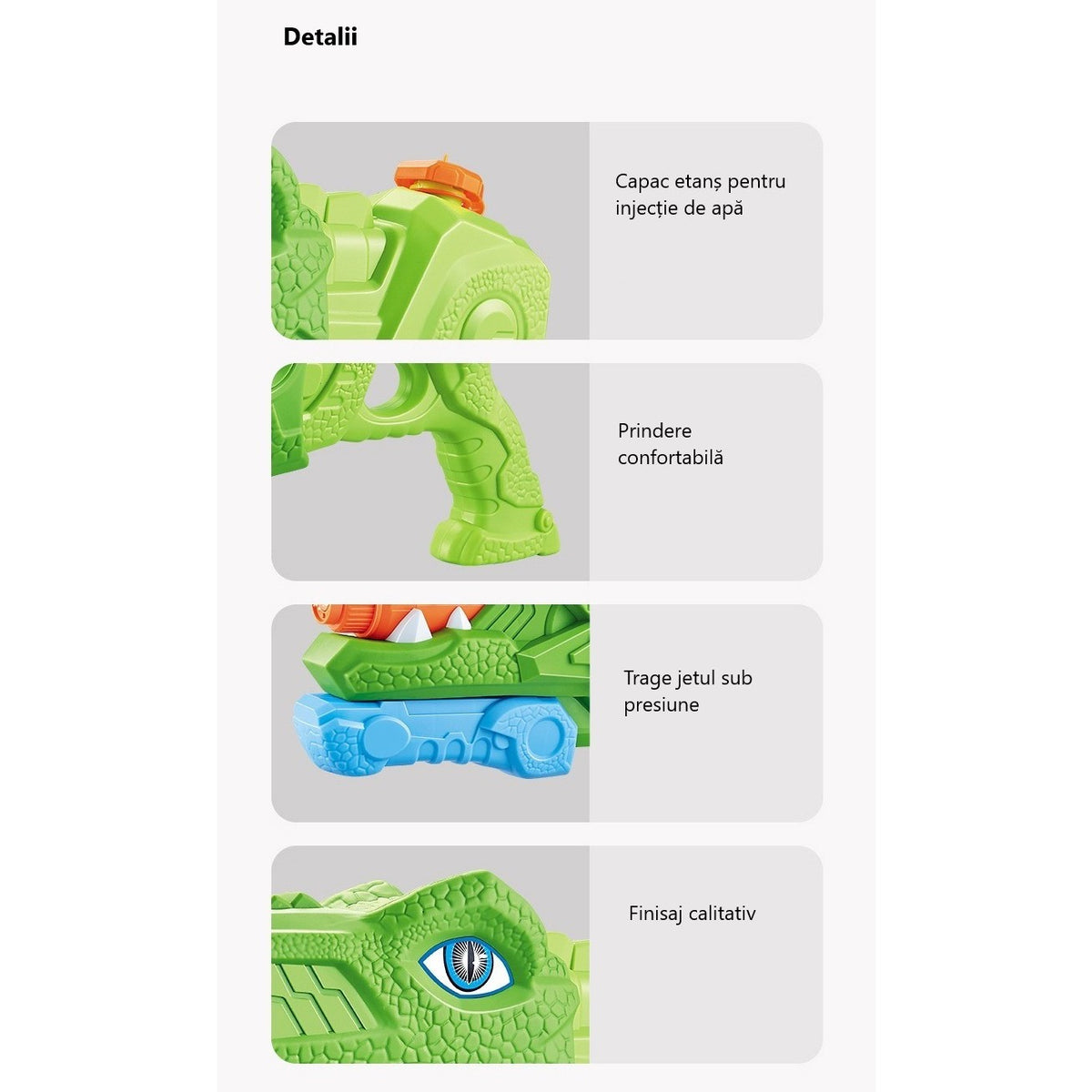 Pistol cu Apa pentru Copii si Adulti, Model Dinozaur Triceratops, 3 Duze de Pulverizare si Pompa de Presiune, pentru Piscina sau Plaja, Rezervor 1330 ml, Verde, Varsta 6 ani+
