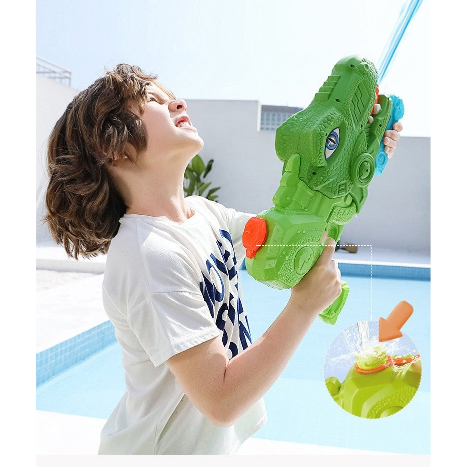 Set 2 Pistoale cu Apa pentru Copii, Model Dinozaur Tiranozaur, Pompa cu Inalta Presiune, pentru Piscina si Plaja, 660 ML, Roz si Verde, Varsta 6 Ani+