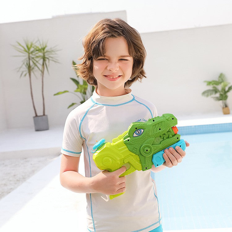Set 2 Pistoale cu Apa pentru Copii, Model Dinozaur Tiranozaur, Pompa cu Inalta Presiune, pentru Piscina si Plaja, 660 ML, Roz si Verde, Varsta 6 Ani+