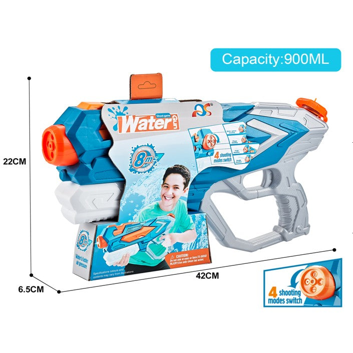Pistol cu Apa pentru Copii si Adulti, Mecanism cu Pompa de Inalta Presiune si 4 Duze, Rezistent la Scurgeri, pentru Piscina sau Plaja, Albastru, 900 ml, 6 Ani+