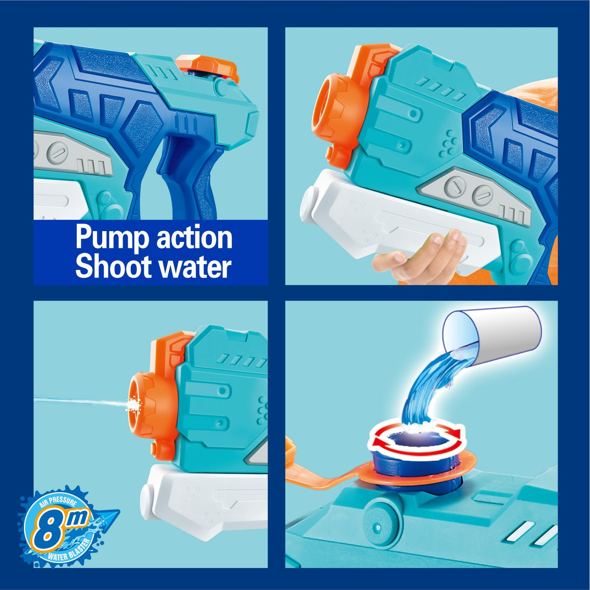 Pistol cu Apa pentru Copii, Jucarie cu Pompa de Inalta Presiune si Rezervor, Design Anti-Scurgere pentru Piscina sau Plaja, Albastru, 500 ml, Varsta 6 Ani+