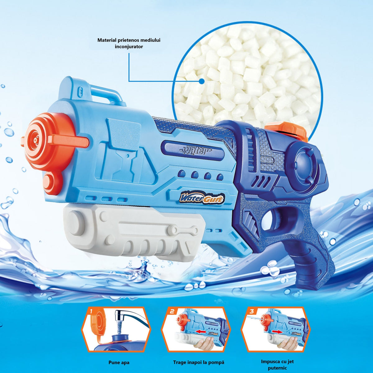 Pistol cu Apa pentru Copii si Adulti, Mecanism cu Pompa si Inalta Presiune, Jucarie pentru Piscina si Plaja, Albastru, 990 ml