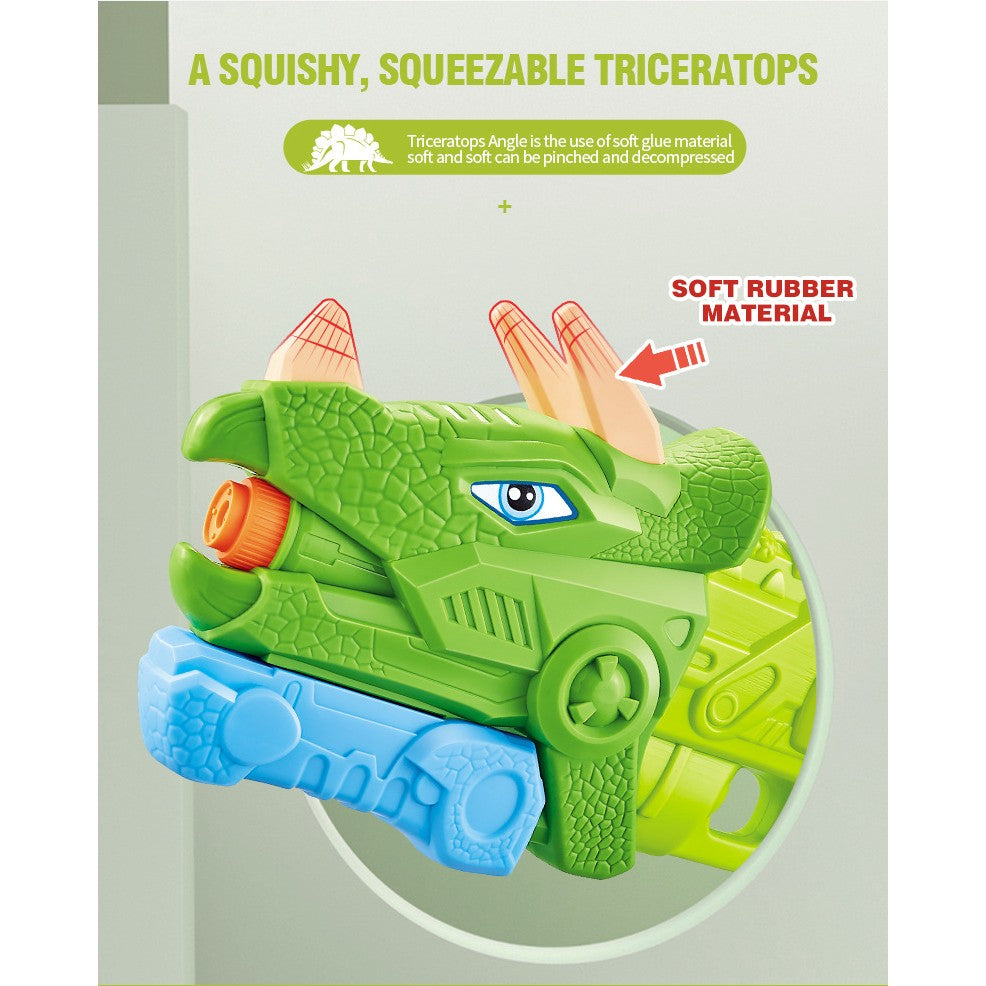 Pistol cu Apa pentru Copii si Adulti, Model Dinozaur Triceratops cu 3 Duze, Pompa de Inalta Presiune, pentru Piscina sau Plaja, Rezervor 640 ml, Verde, Varsta 6 ani+