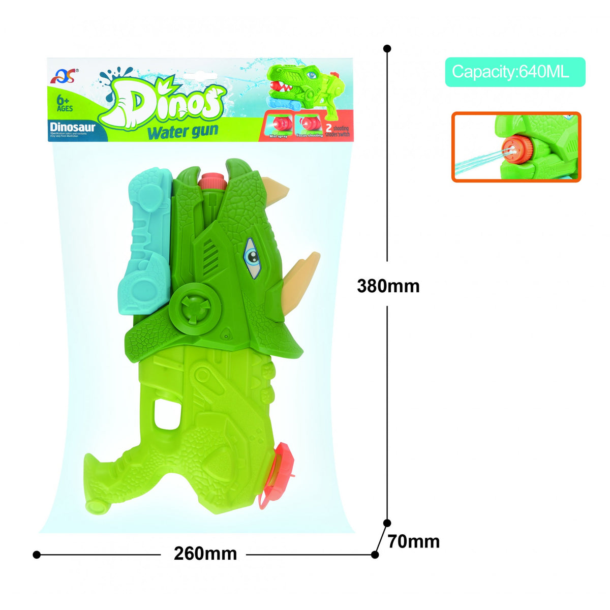 Pistol cu Apa pentru Copii si Adulti, Model Dinozaur Triceratops cu 3 Duze, Pompa de Inalta Presiune, pentru Piscina sau Plaja, Rezervor 640 ml, Verde, Varsta 6 ani+