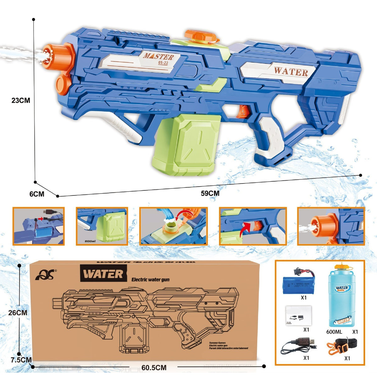 Pistol cu Apa Electric pentru Copii si Adulti, Jet Automat Burst, Acumulator 1500mAh reincarcabil, Rezervor 800ml, Albastru/Verde