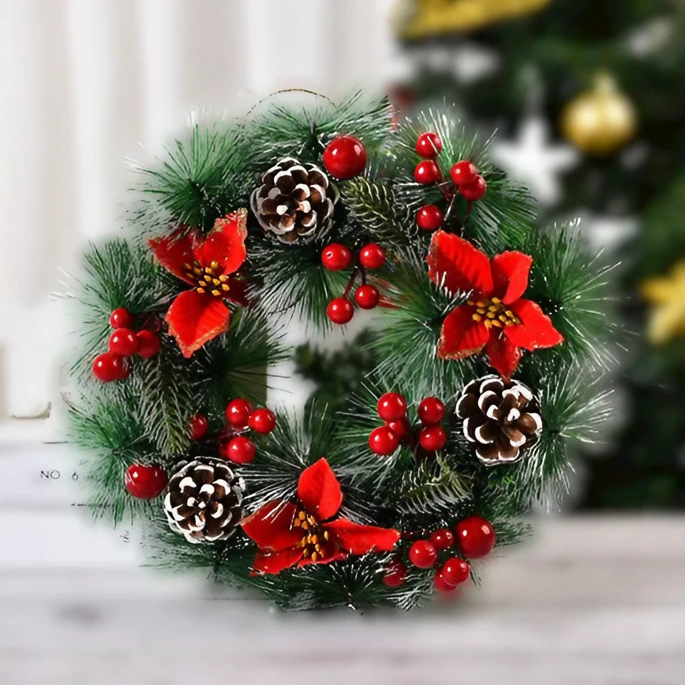 Coronita de Craciun pentru Usa si Masa, Brad Artificial Decorat cu Conuri, Merisoare si 3 Funde Rosii, Diametru 32 cm, Verde/Alb