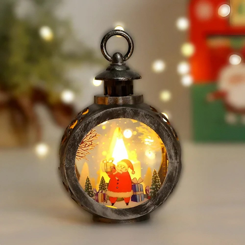 Felinar Decorativ de Craciun cu LED, Lumanare Interioara si Inscriptie Mos Craciun, Lumina Alb Cald, Plastic si Sticla, Baterii Incluse, 13.5 x 9 cm, Bronz Argintiu