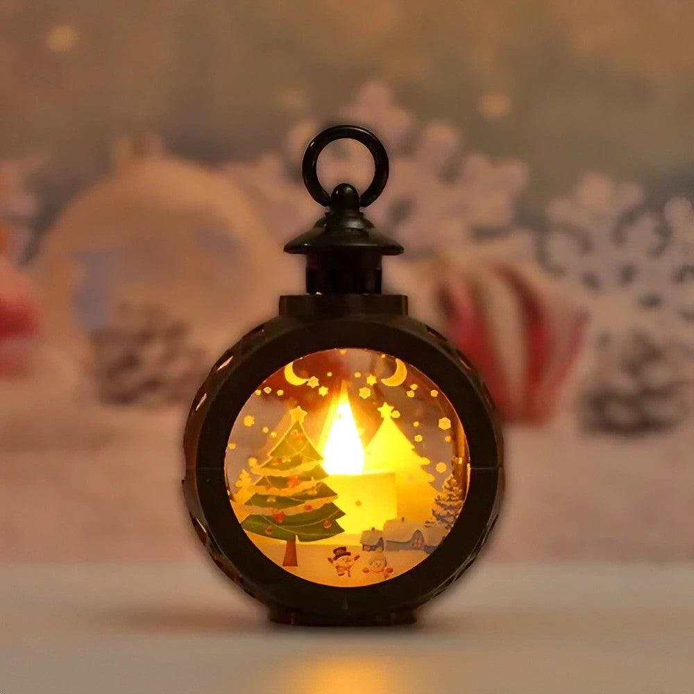 Felinar Decorativ de Craciun cu Lumanare LED, Geam cu Inscriptie Brad, Lumina Alb Cald, Baterii Incluse, Plastic si Sticla, 13.5 x 9 cm, Negru