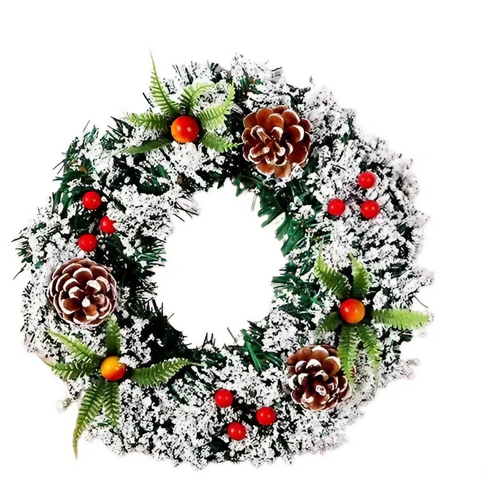 Coronita De Craciun Artificiala Cu Aspect Inzapezit, Decorata Cu Conuri Si Merisoare, Brad Artificial, Diametru 20 cm, Verde/Alb