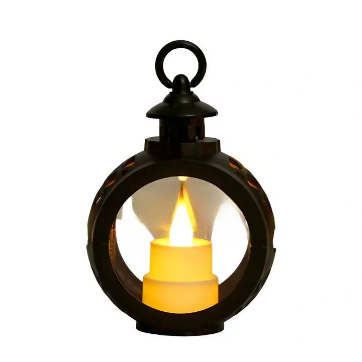 Felinar Decorativ de Craciun cu Lumanare LED, Lumina Alba Calda, Design fara Geam, Functionare pe Baterii Incluse, Plastic, 13.5 x 9 cm, Negru