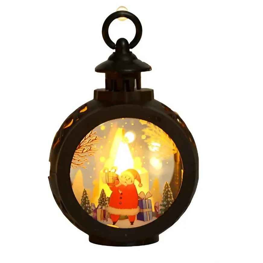 Felinar Decorativ de Craciun cu LED, Lumanare Interioara si Inscriptie Mos Craciun, Lumina Alba Calda, Baterii Incluse, Plastic si Sticla, 13.5 x 9 cm, Negru