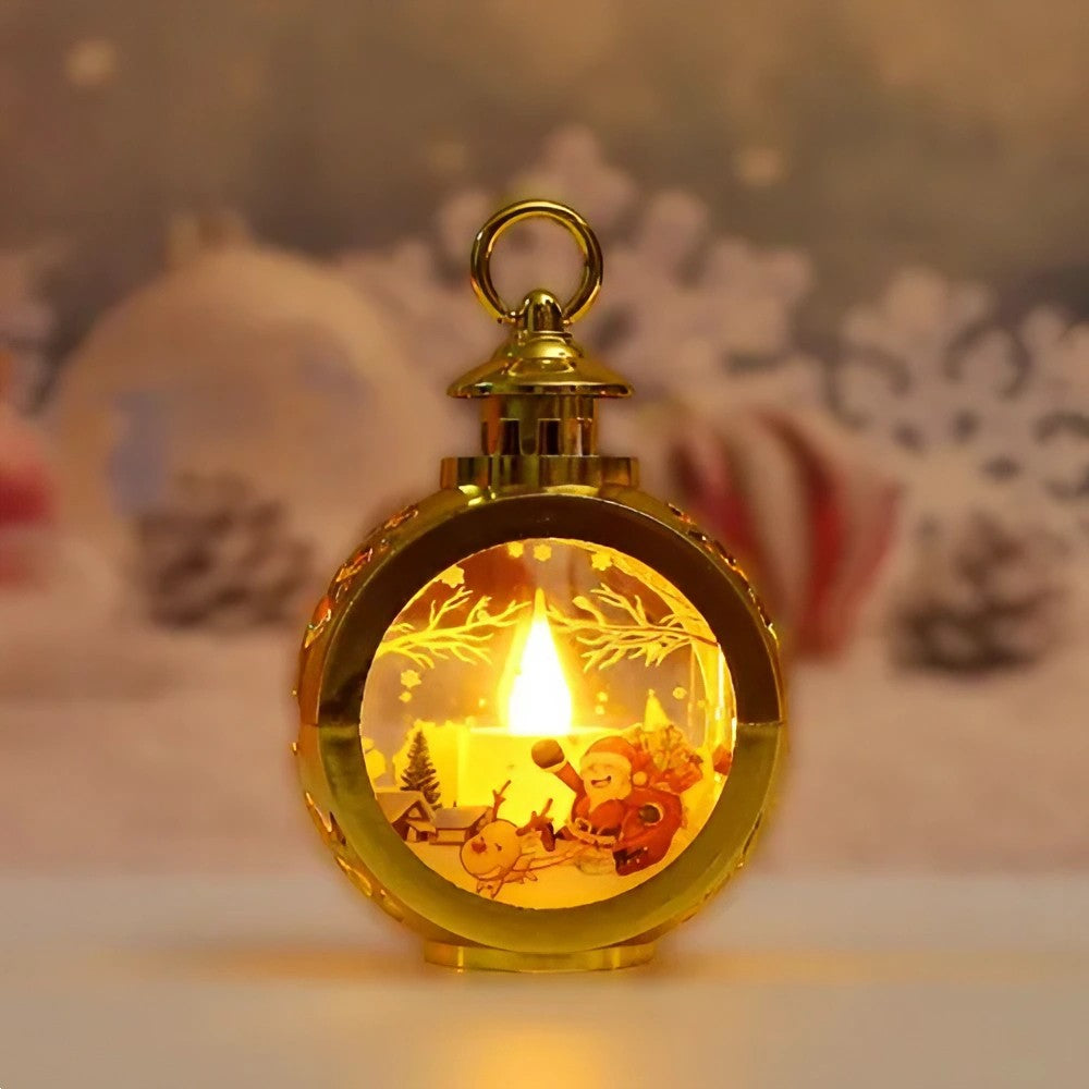 Felinar Decorativ Craciun cu LED, Lumanare si Model Mos Craciun cu Sanie, Lumina Alb Cald, Baterii Incluse, 13.5 x 9 cm, Auriu