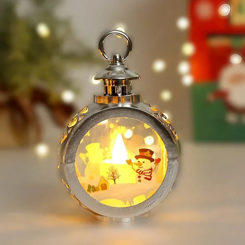 Felinar Decorativ de Craciun cu LED, Lumanare Interioara si Inscriptie Om de Zapada, Lumina Alba Calda, Baterii Incluse, Argintiu, 13.5 x 9 cm
