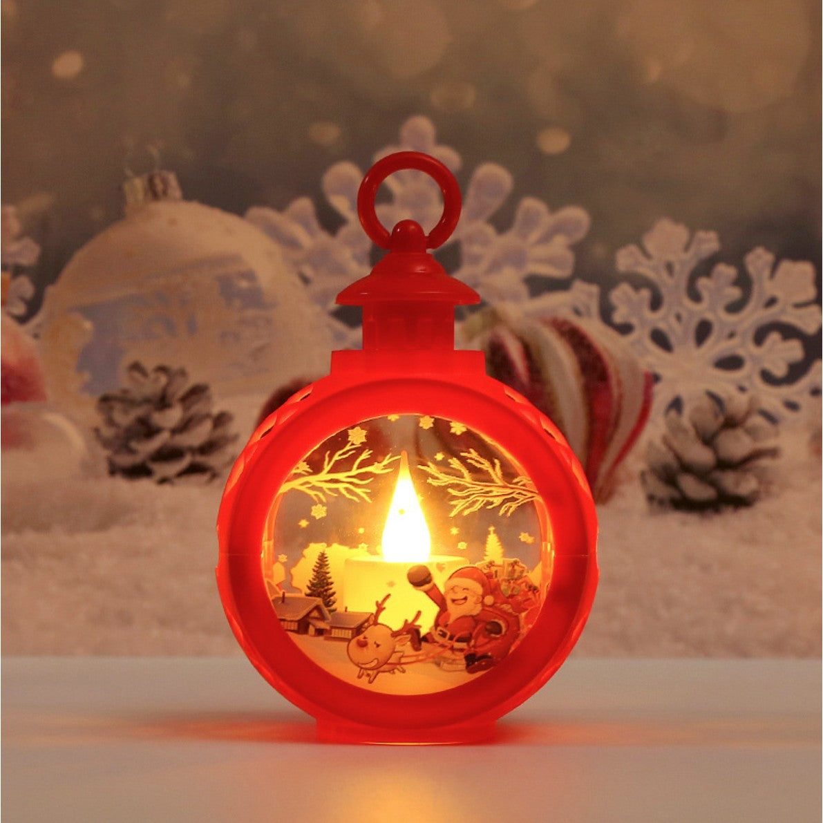 Felinar Decorativ de Craciun cu LED, Lumanare Interioara si Inscriptie Mos Craciun, Lumina Alb Cald, Baterii Incluse, Plastic si Sticla, 13.5 x 9 cm, Rosu