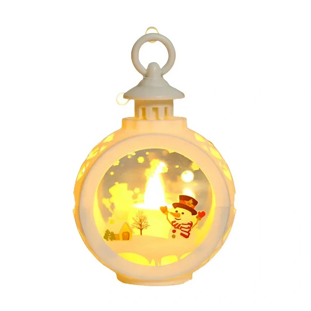 Felinar Decorativ de Craciun cu LED si Lumanare, Inscriptie Om de Zapada, Lumina Alb Cald, Baterii Incluse, 13.5 x 9 cm, Alb