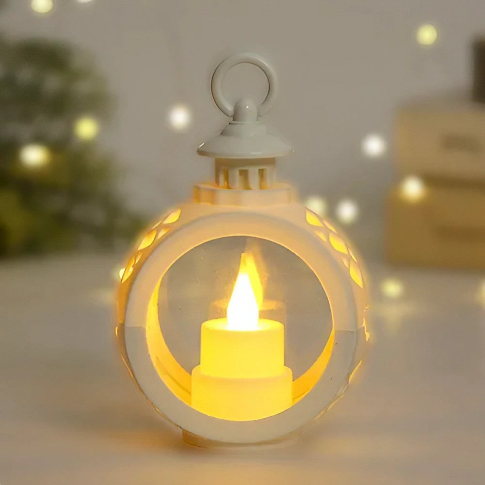 Felinar Decorativ de Craciun cu LED, Lumanare cu Lumina Alb Cald, Design Fara Geam, Baterii Incluse, Plastic, 13.5 x 9 cm, Alb