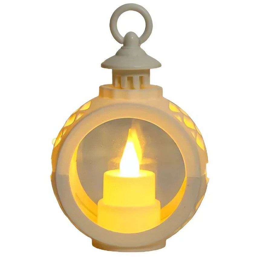Felinar Decorativ de Craciun cu LED, Lumanare cu Lumina Alb Cald, Design Fara Geam, Baterii Incluse, Plastic, 13.5 x 9 cm, Alb