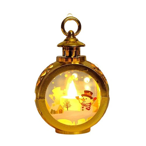 Felinar Decorativ de Craciun cu LED, Lumanare Interioara si Inscriptie Om de Zapada, Lumina Alba Calda, Plastic si Sticla, Baterii Incluse, 13.5 x 9 cm, Auriu
