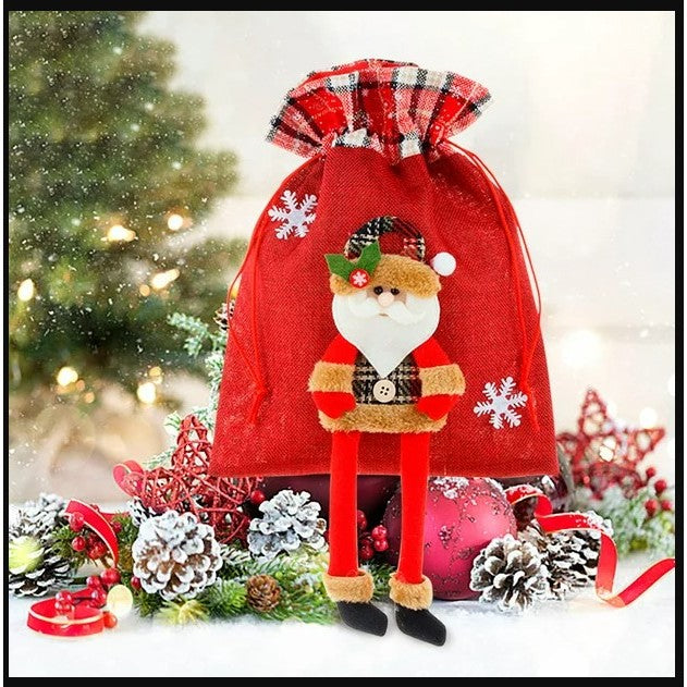 Sac Cadou Tematic Mos Craciun, Inchidere cu Siret, Material Textil Reutilizabil, Imprimeu Festiv, Rosu, 30x25 cm