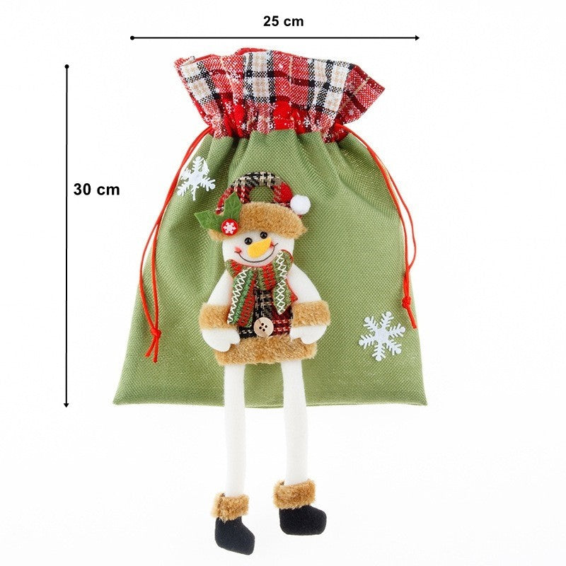 Sac Cadouri Craciun, Model Om de Zapada si Mos Craciun, Inchidere cu Siret, Material Textil Refolosibil, 30x25 cm, Verde cu Rosu in Carouri