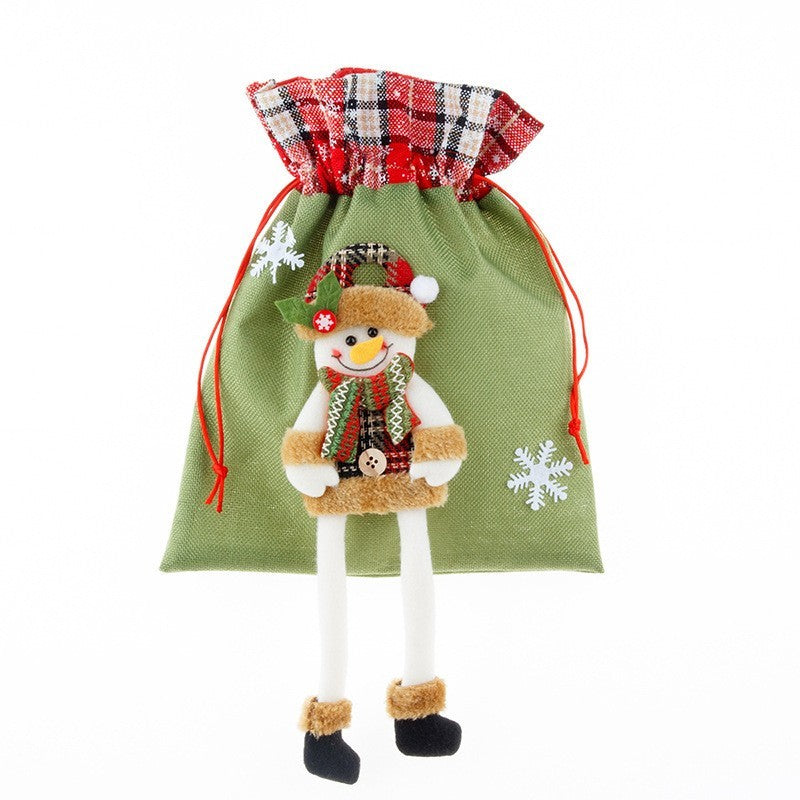 Sac Cadouri Craciun, Model Om de Zapada si Mos Craciun, Inchidere cu Siret, Material Textil Refolosibil, 30x25 cm, Verde cu Rosu in Carouri