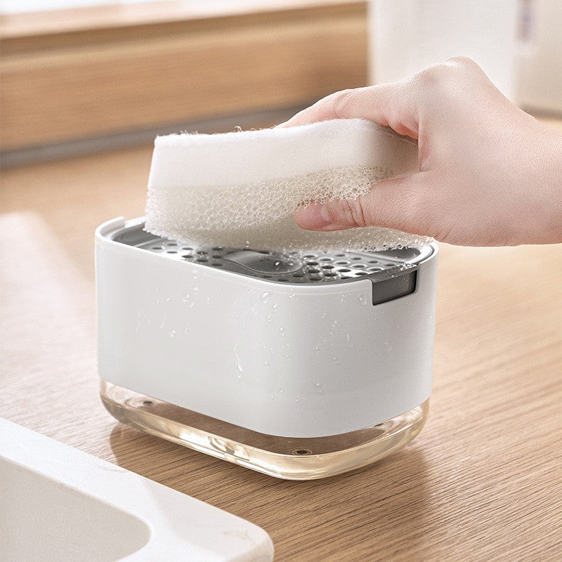 Dozator Detergent Vase 2 in 1, Dispenser cu Suport Burete si Pompa Manuala, Organizator Chiuveta Bucatarie, Material ABS, 380 ml, Argintiu/Transparent