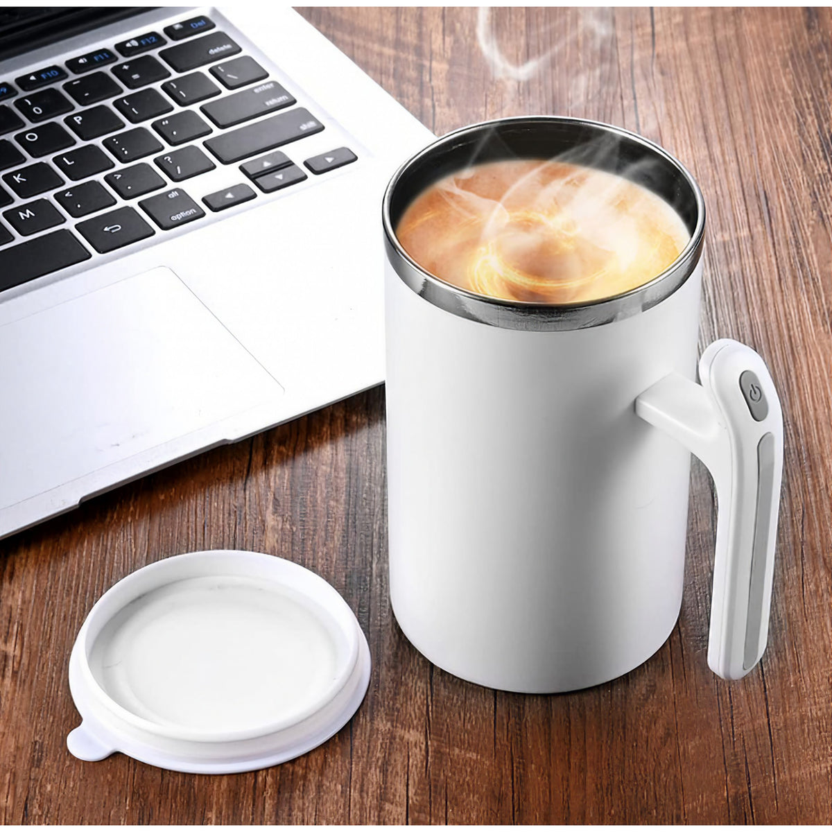 Cana Portabila cu Amestecare Automata, Mixer Incorporat pentru Cafea si Shake, Functionare pe Baterii, Inox si Plastic, 380 ml, Alb