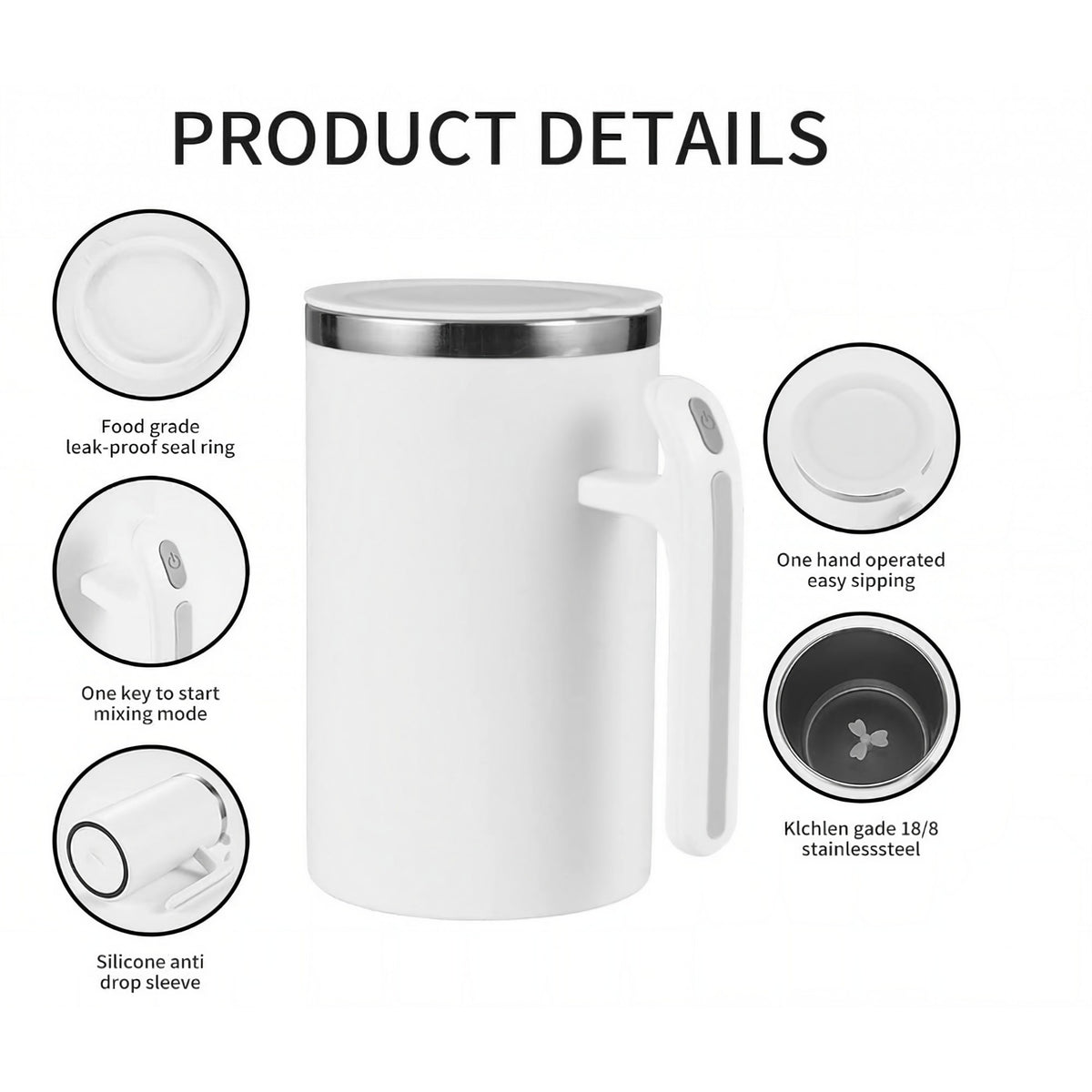 Cana Portabila cu Amestecare Automata, Mixer Incorporat pentru Cafea si Shake, Functionare pe Baterii, Inox si Plastic, 380 ml, Alb