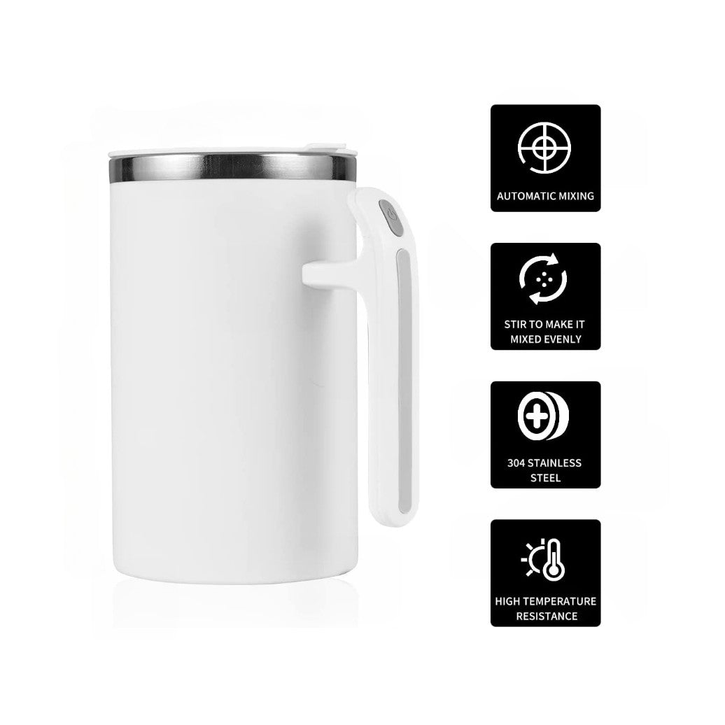 Cana Portabila cu Amestecare Automata, Mixer Incorporat pentru Cafea si Shake, Functionare pe Baterii, Inox si Plastic, 380 ml, Alb
