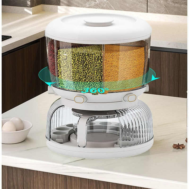 Dozator Cereale Rotativ 360 Grade, Dispenser Alimente cu 6 Compartimente Detasabile, Suport Oua si Vas Scurgere, Plastic, 10 L, 35x27.5 cm, Alb