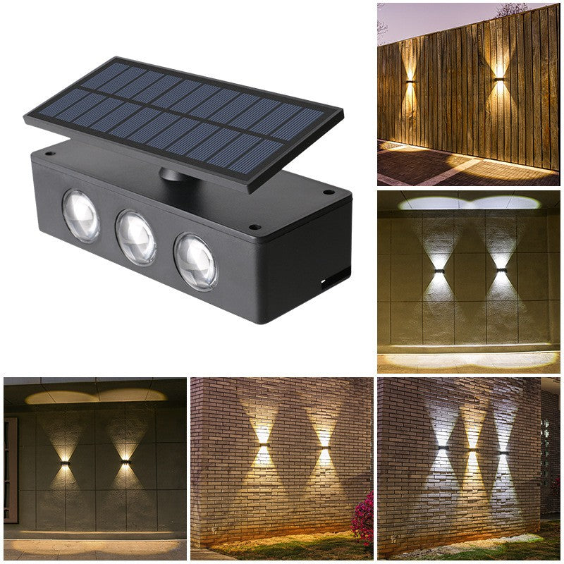 Lampa Solara LED Bidirectionala pentru Perete si Gradina, Panou Ajustabil, Lumina Selectabila Alb si Multicolor, Rezistenta la Apa IP65, Acumulator 1200mAh, Material ABS, 16 x 6.5 cm, 6 LED-uri