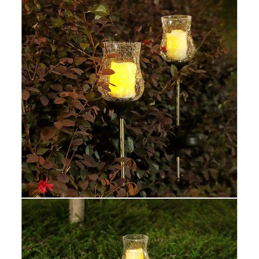 Lampa Solara LED Decorativa Tip Lalea, Senzor de Lumina Automat, Material Sticla si ABS, Acumulator 600mAh, Inaltime 55 cm, Alb Cald