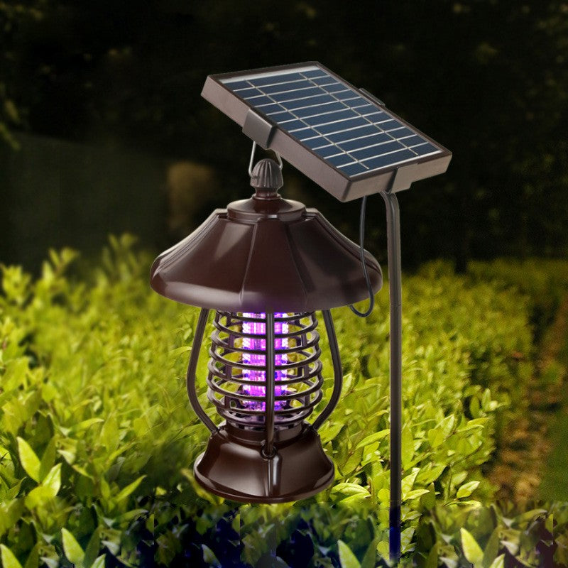 Lampa Solara Gradina Anti-Insecte, Dispozitiv UV Tantari si Muste cu Soc Electric 380V, 2 Moduri de Iluminare LED, Autonomie 8 Ore, Rezistenta la Apa IP65, Material ABS, 30 x 19.5 cm, Maro