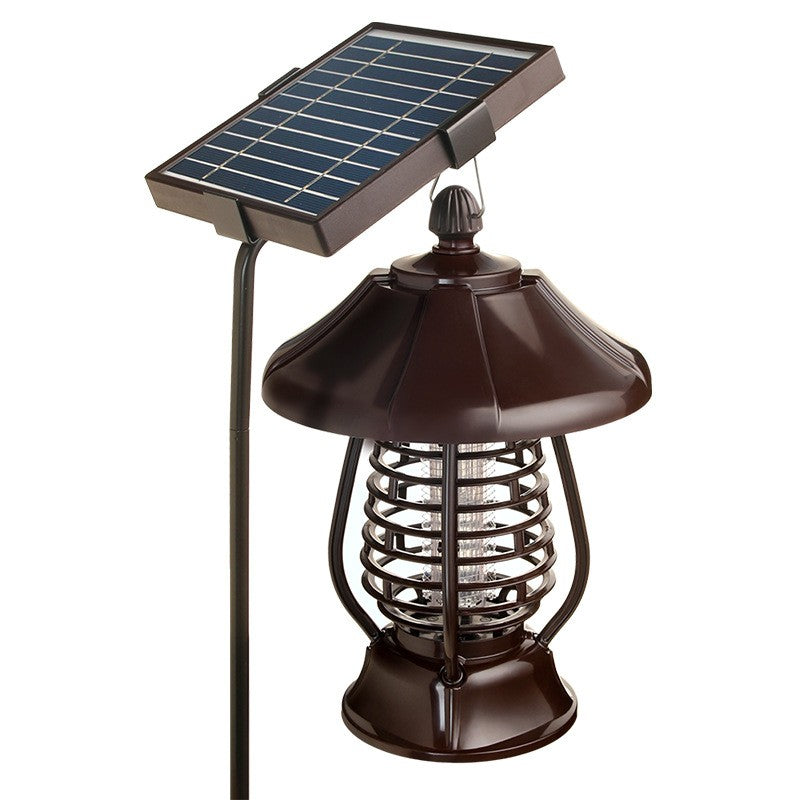 Lampa Solara Gradina Anti-Insecte, Dispozitiv UV Tantari si Muste cu Soc Electric 380V, 2 Moduri de Iluminare LED, Autonomie 8 Ore, Rezistenta la Apa IP65, Material ABS, 30 x 19.5 cm, Maro