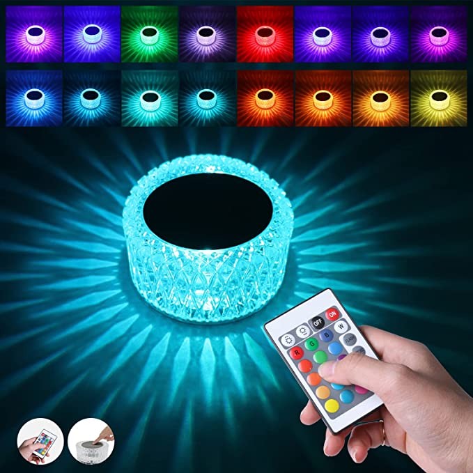 Lampa de Masa LED RGB, Veioza Decorativa cu Control Tactil si Telecomanda, 16 Culori, 4 Moduri de Iluminat, Reincarcabila USB, Cristal Acrilic, 6x12 cm, Transparenta