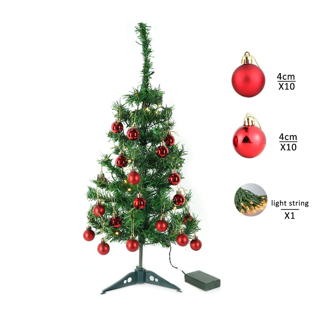 Brad Artificial Craciun Complet Impodobit, Instalatie 20 LED Alb Cald si 20 Globuri Rosii Incluse, Suport Plastic, Verde, 60 cm