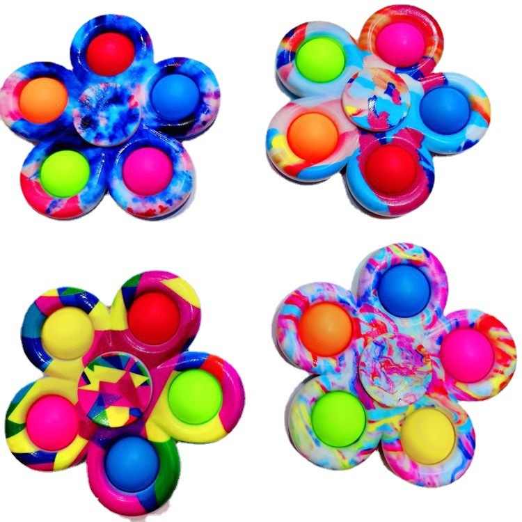 Jucarie Antistres Simple Dimple, Spinner Senzorial cu 5 Buline, Plastic ABS si Silicon, Multicolor Rainbow