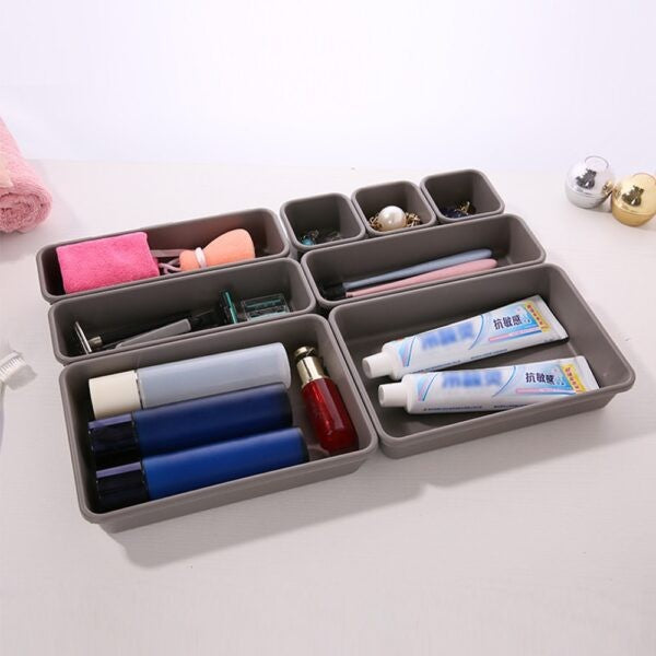 Set 8 Organizatoare Pentru Sertar, Cutii Depozitare Cosmetice si Accesorii Birou, Material Plastic Durabil, Gri, 3 Dimensiuni Mixte