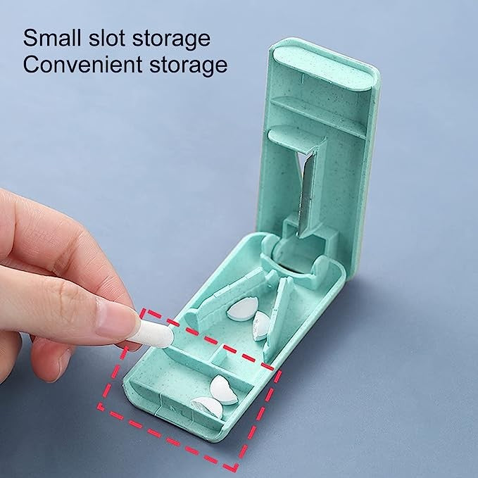 Dispozitiv Taiere Si Depozitare Medicamente, Taietor Pastile Cu Lama Din Otel Inoxidabil Si Slot In V, Plastic, 8 x 4 x 1.8 cm, Albastru