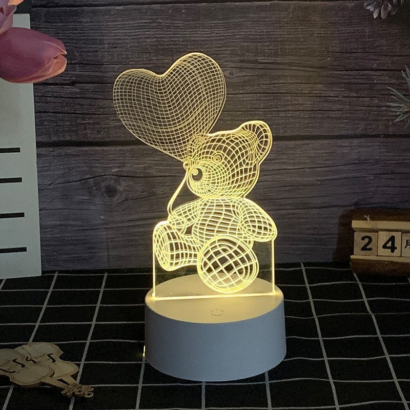 Lampa LED Decorativa 3D, Ursulet cu Balon Inima, Lumina Multicolora cu Telecomanda, Alimentare Duala USB sau Baterii, Material Acril, Inaltime 20 cm, Alb