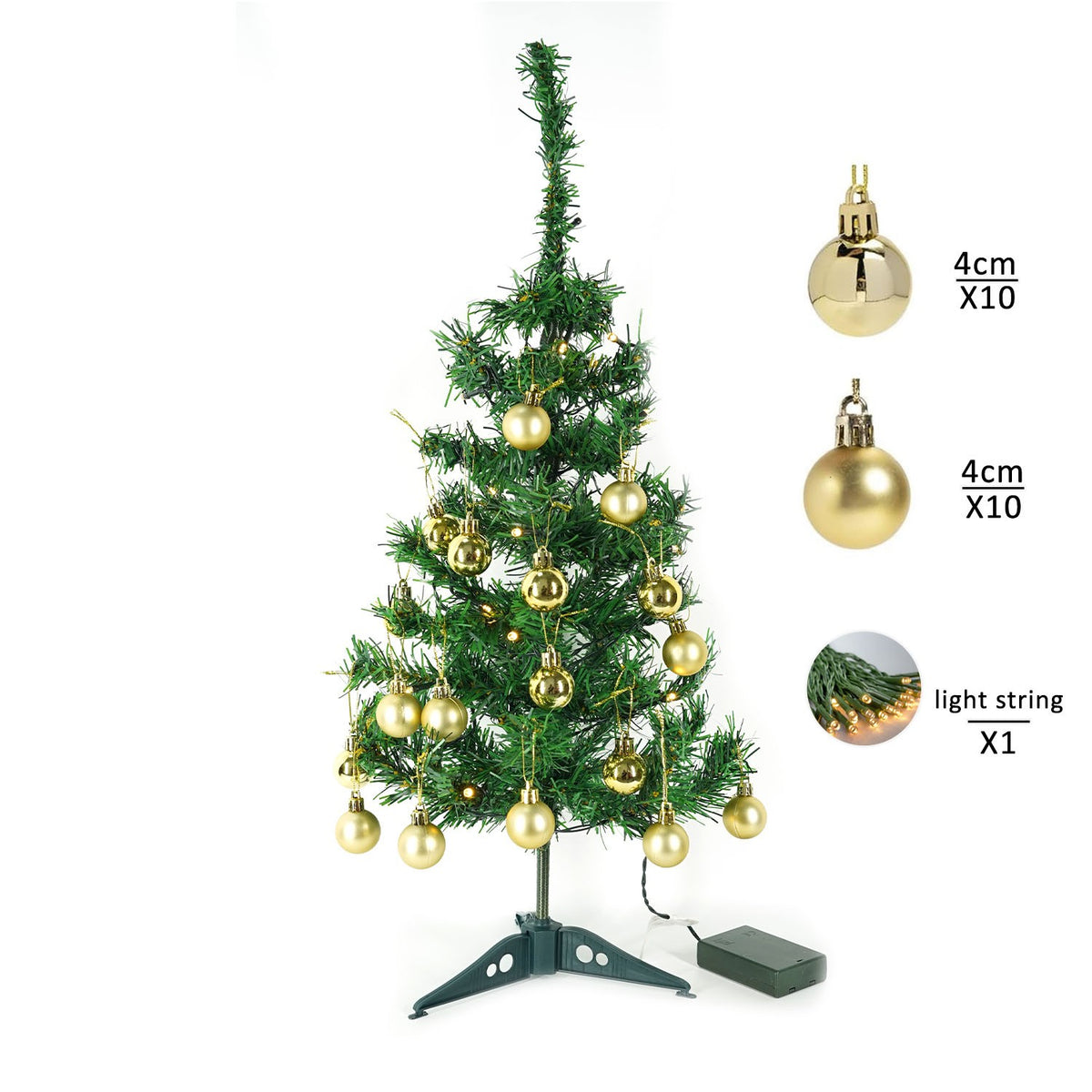 Brad Artificial Impodobit, Inaltime 60 cm, Instalatie 20 LED Alb Cald si 20 Globuri Aurii Incluse, Suport Plastic, Verde