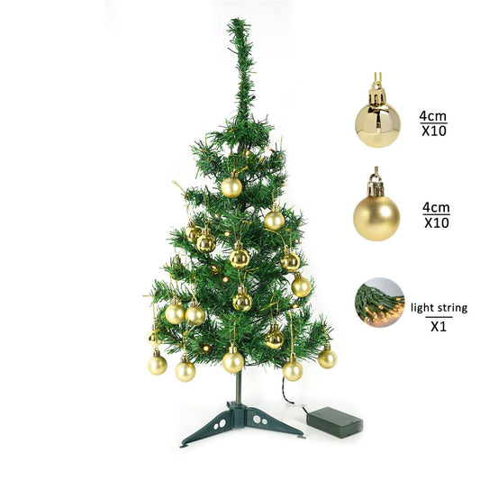 Brad Artificial Impodobit, Inaltime 60 cm, Instalatie 20 LED Alb Cald si 20 Globuri Aurii Incluse, Suport Plastic, Verde